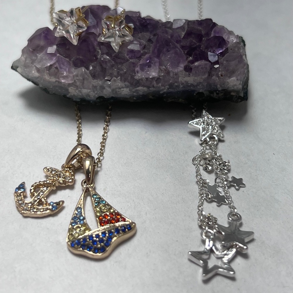 Nautical Sailboat Anchor & Celestial Star Jewelry Set Necklaces Earrings‎ 3pc
